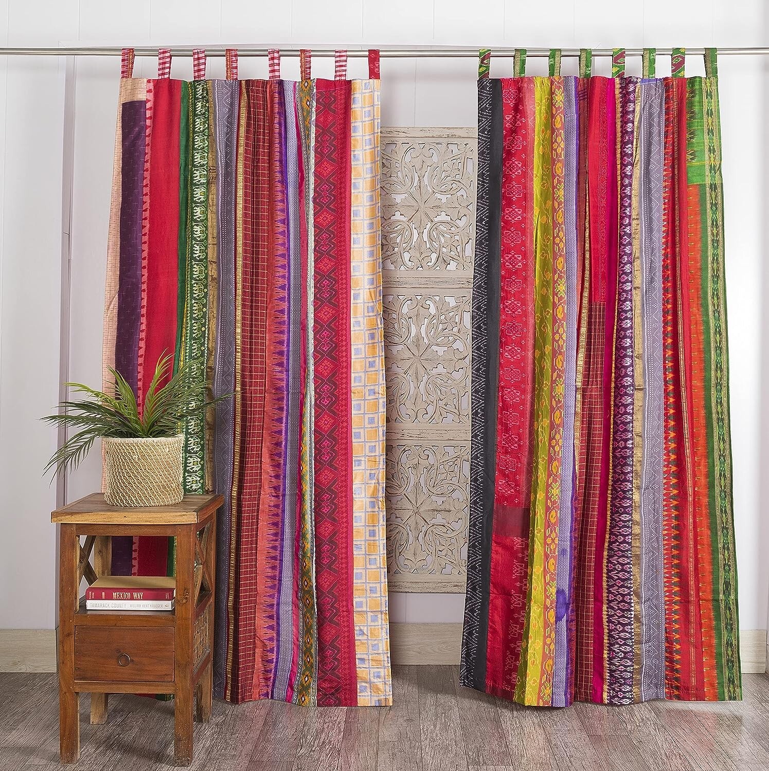 2 Pcs Indian Vintage Silk Saree Curtain Window Decor Panel Drapes Multi Curtain