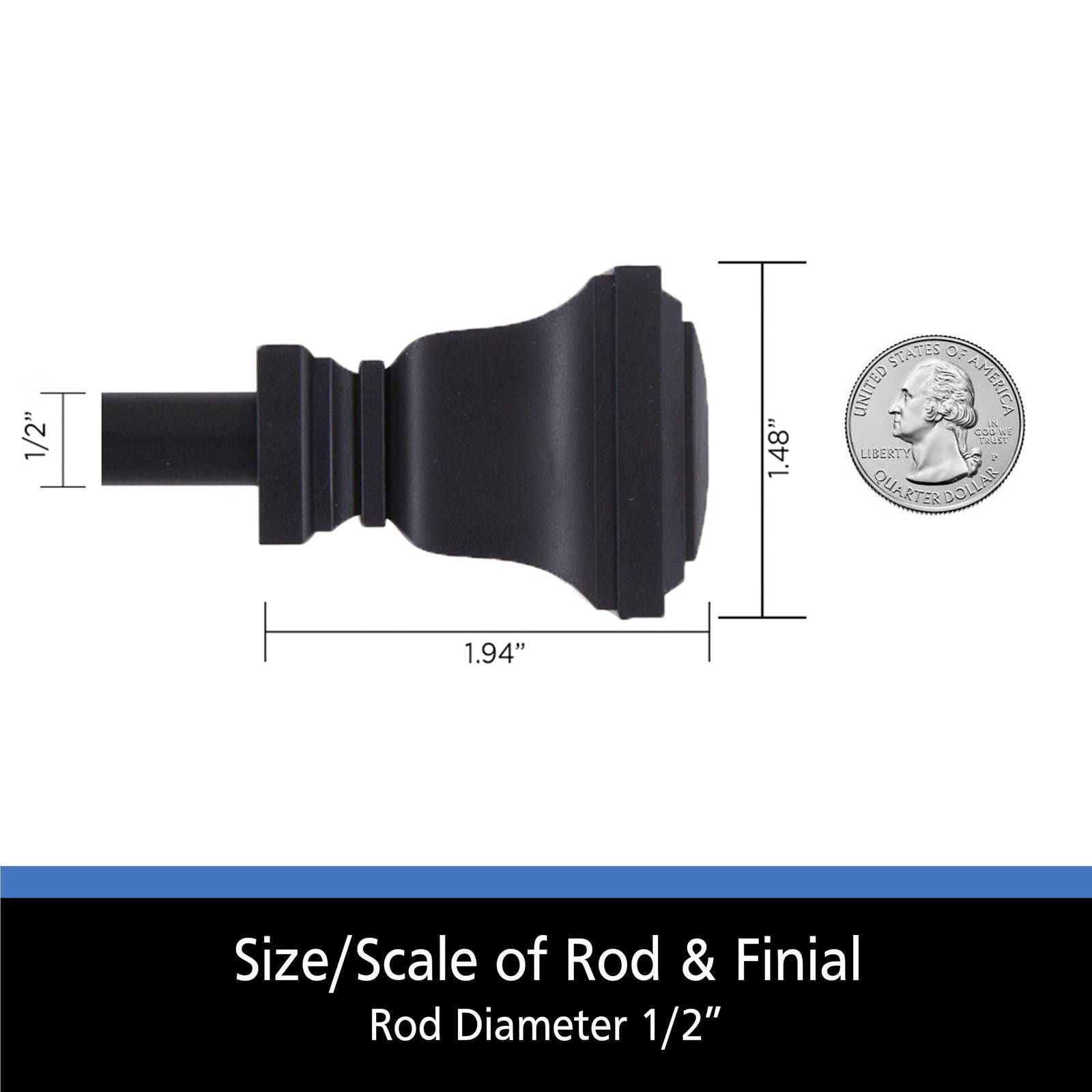 (1 pack) 1/2″ Twain Square Petite Café Adjustable Curtain Rod,48-84″, Black
