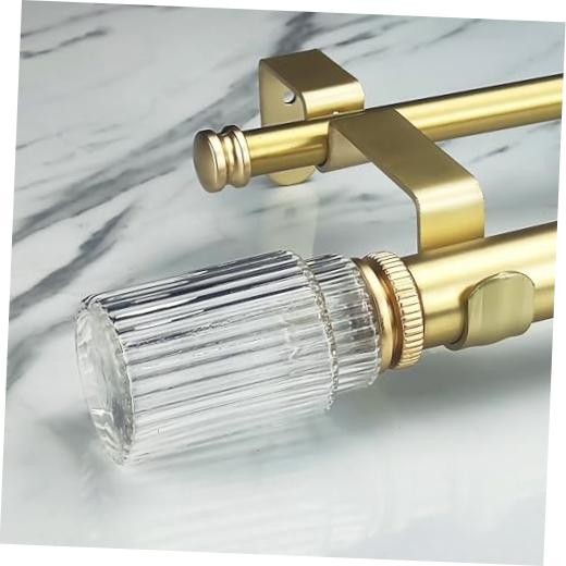 1-1/8 Inch Diameter Gold Curtain Rods with Ribbed Glass Finial, 72-144 inch