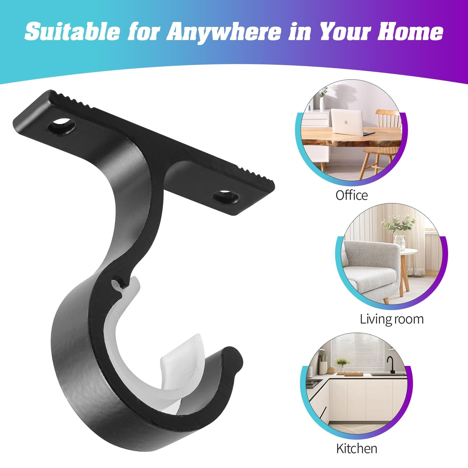 4 PCS Black Ceiling Wall Mount Curtain Rod Brackets Hardware Holders Set