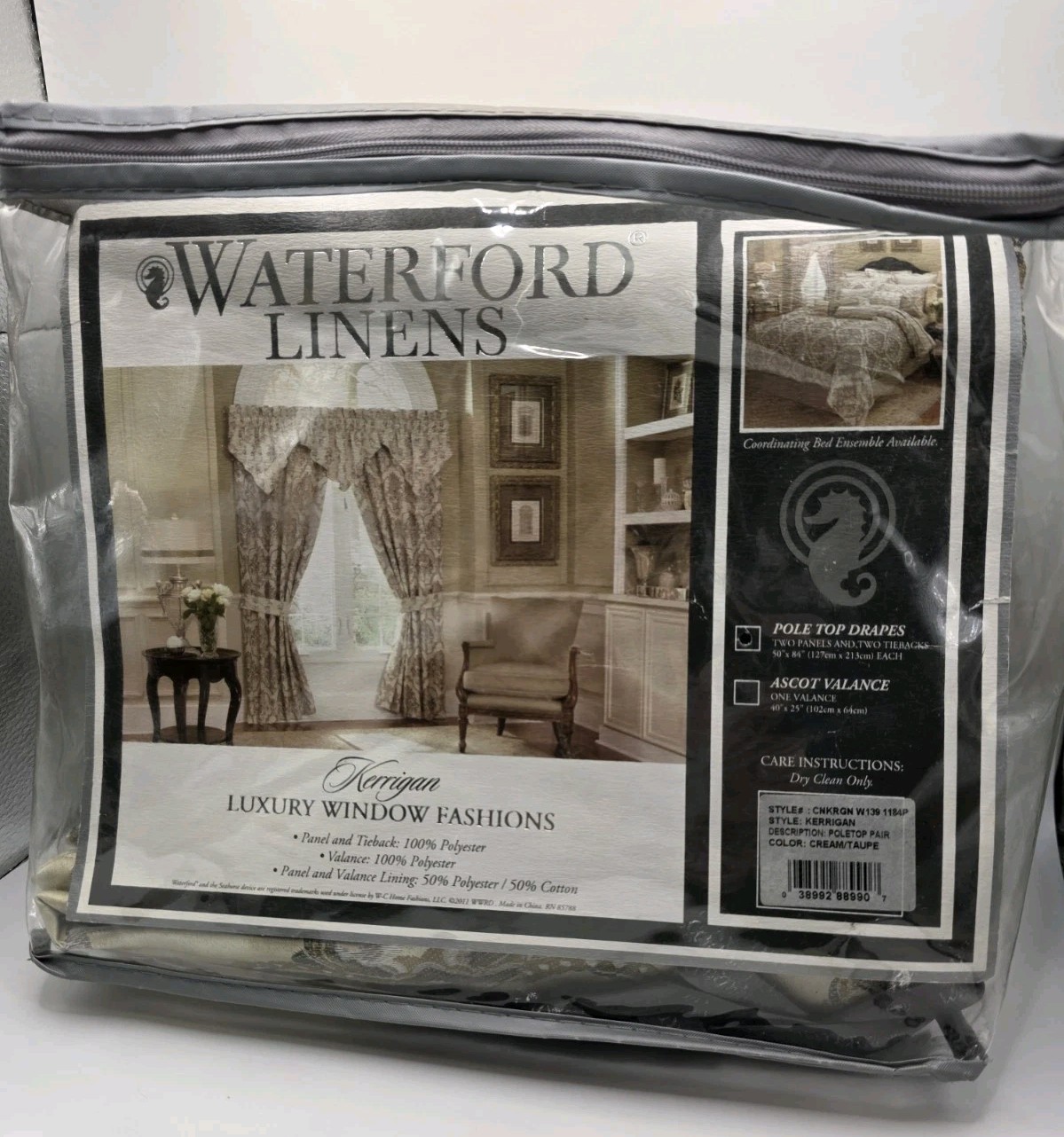 NEW Waterford Kerrigan Cream/Taupe DRAPES 2 PANELS & TIEBACKS NEW
