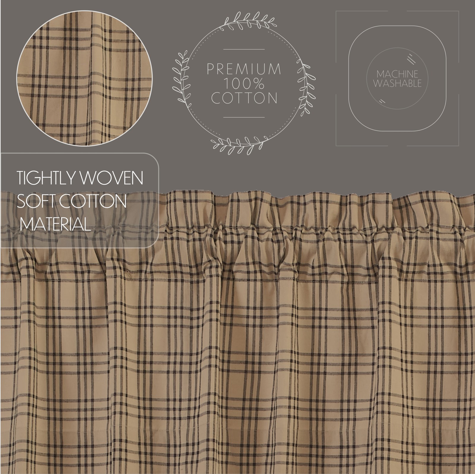 Farmhouse 24″x36″ Plaid Tier Pair Tan Rod Kitchen Window Curtains VHC Brands