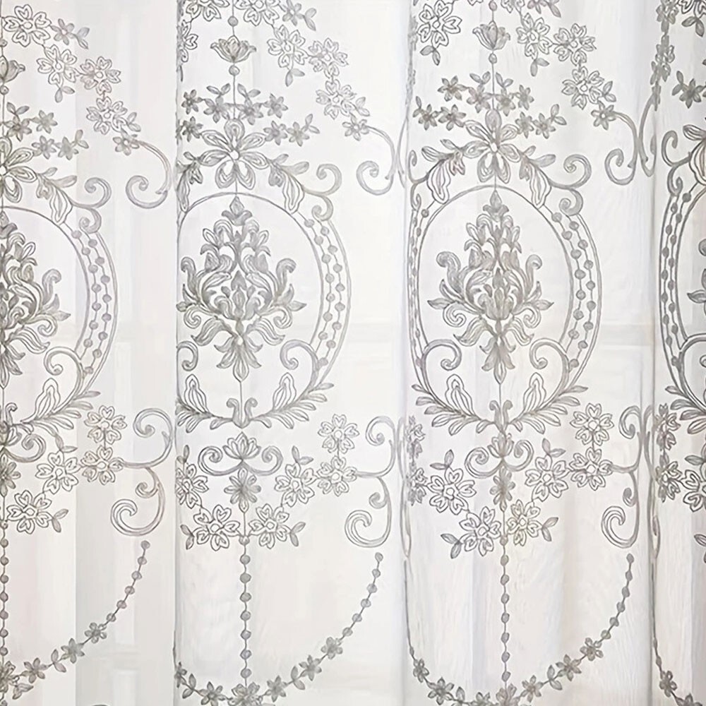 White Embroidery Floral Sheer Curtains Voile Drapes Panels Grommet Top Bedroom