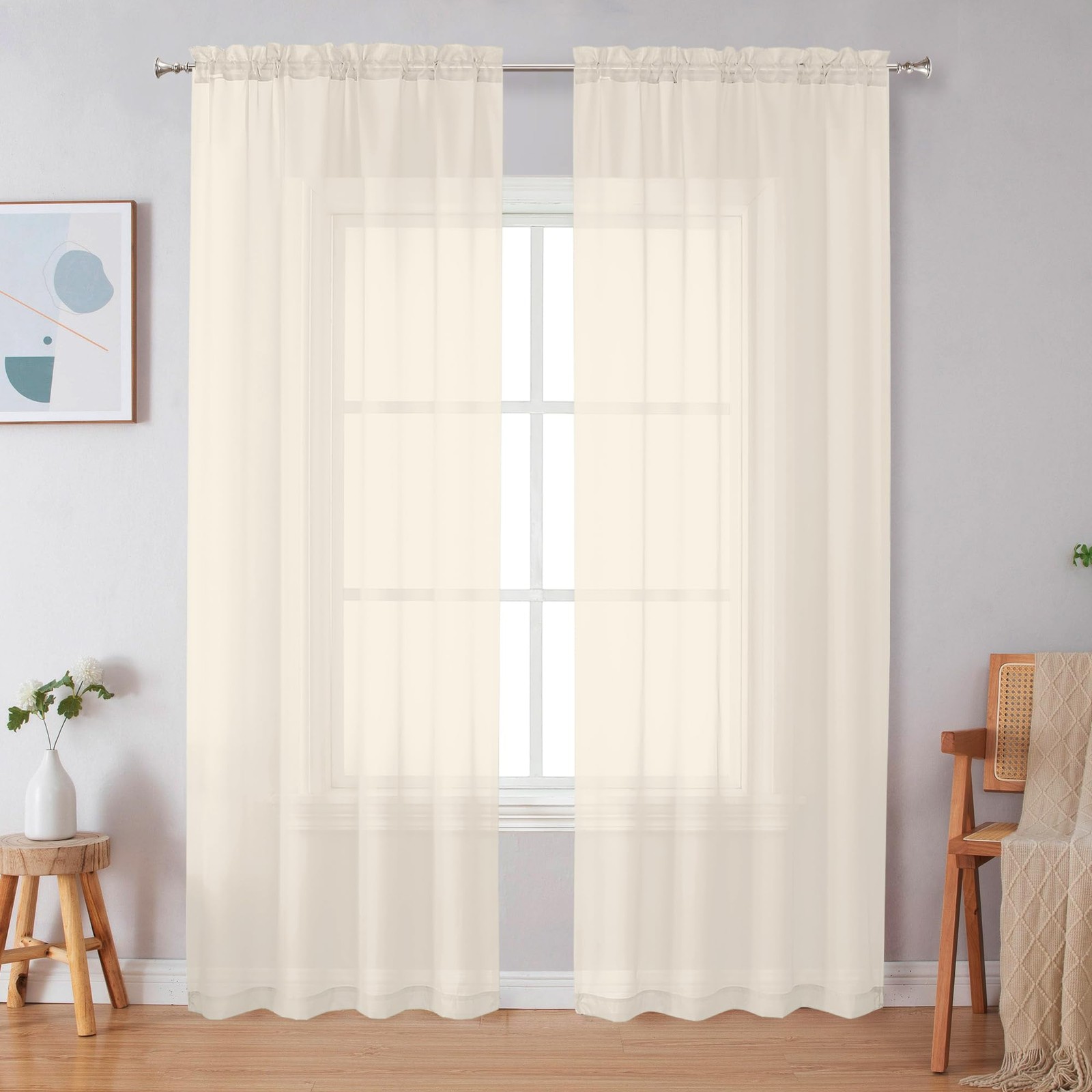 Cream Sheer Curtains 84 Inches Long 2 Panels, Light Filtering Rod Pocket Soli…