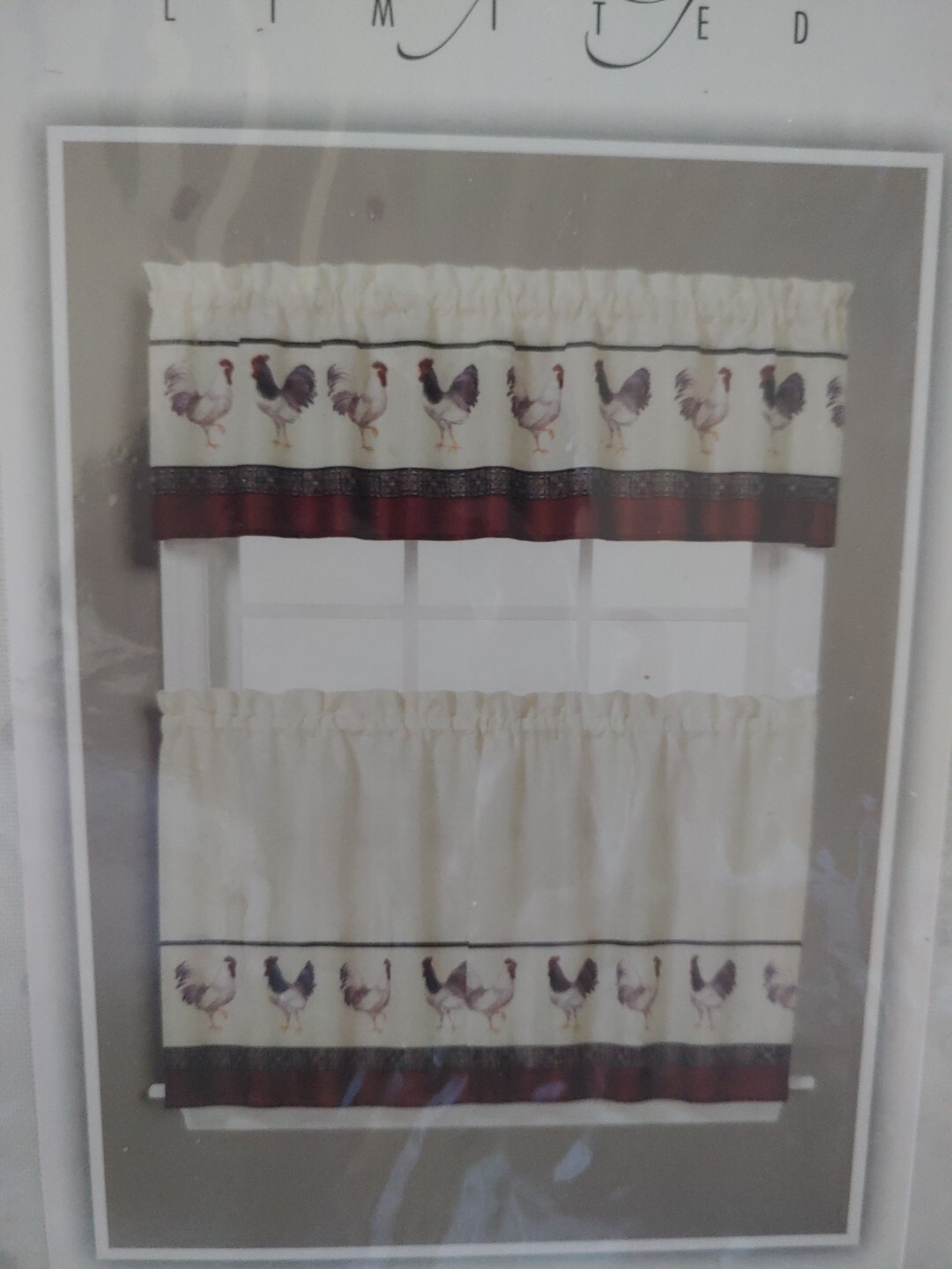 Roosters Kitchen Curtains Red White Cream Blck Burgandy – Tier Pair 56″W x36″ L