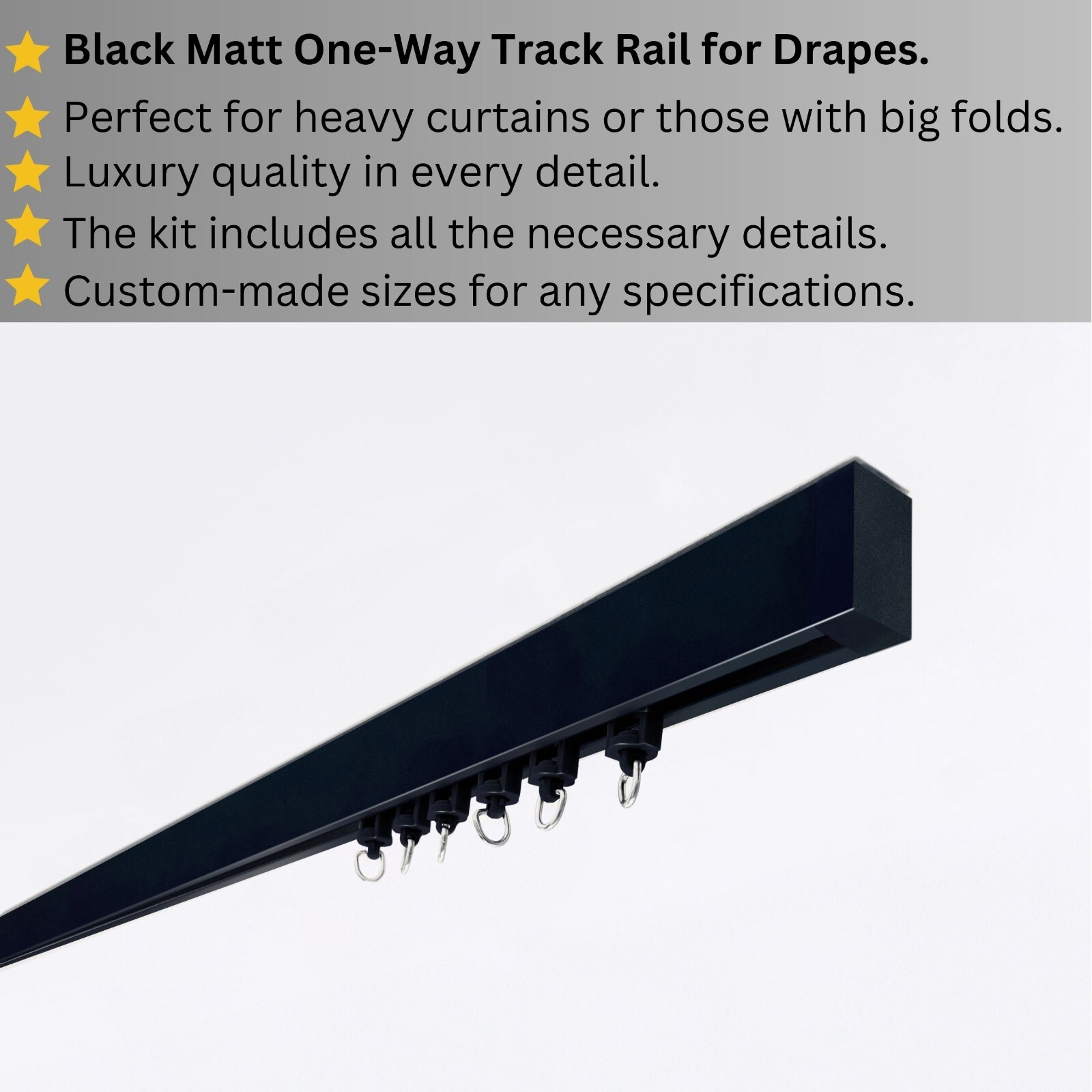 Premium Black Matte Single Curtain Rail – Heavy-Duty, Ceiling, Any custom Sizes