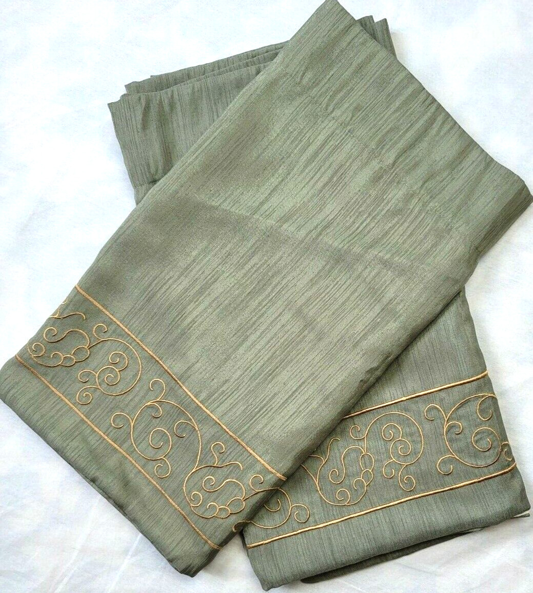 2 Chris Madden Shades of Sage Gold Scroll Valances Green Cotton Lined 80×18 each