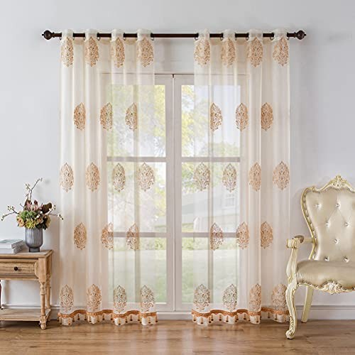 Embroidered Sheer Curtains 52″W x 96″L (Pack of 2) Sheer With Beads-damask