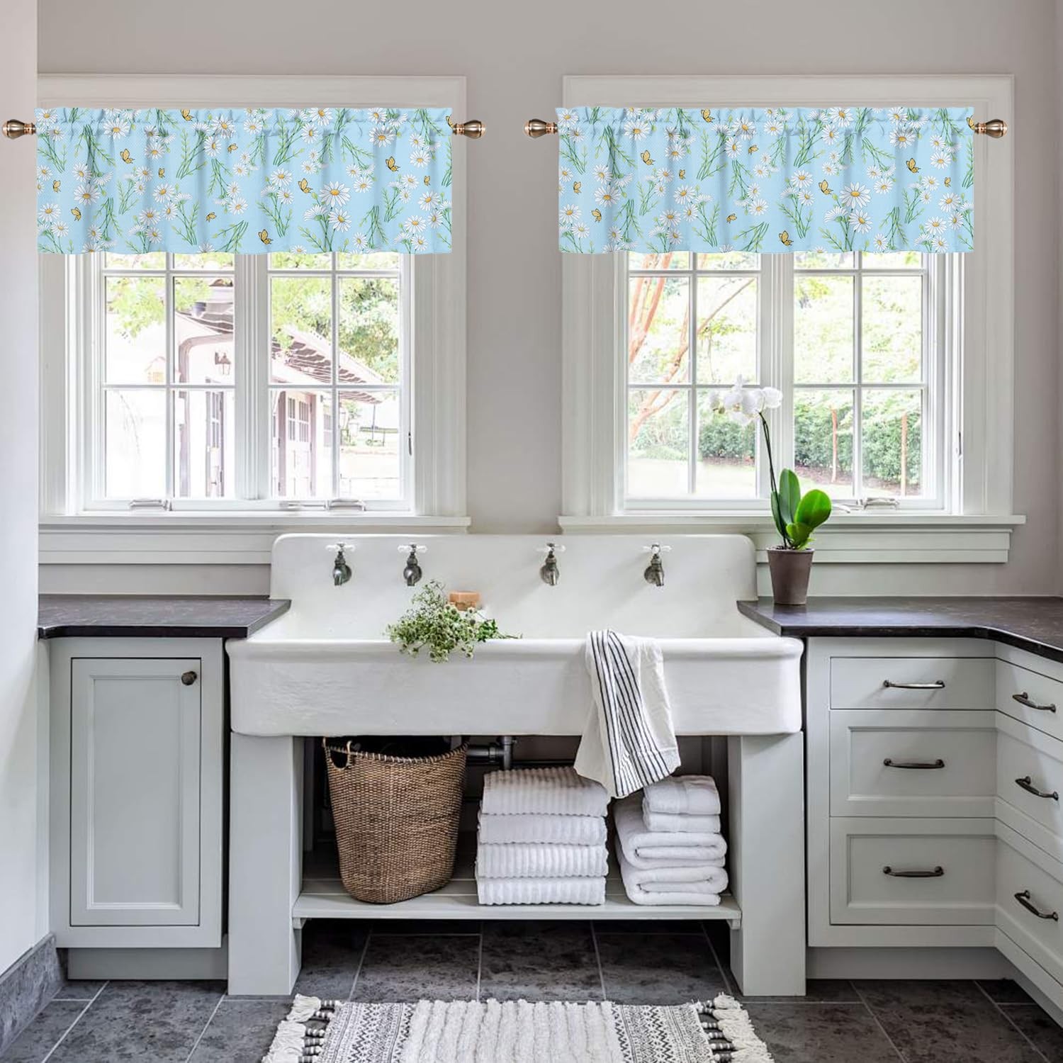 Blue Curtain Valance for Windows Watercolor Daisy Flowers Butterflies Window …