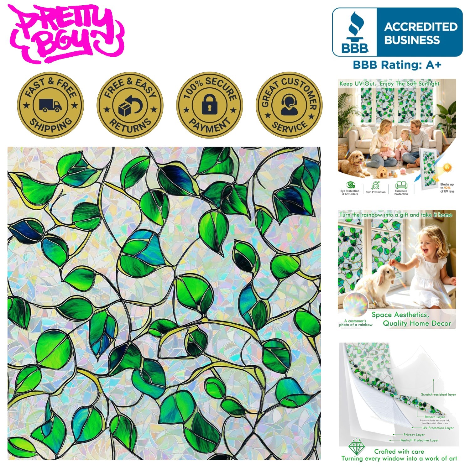 Decorative Rainbow Privacy Film – UV Blocking & Renter-Friendly Installation
