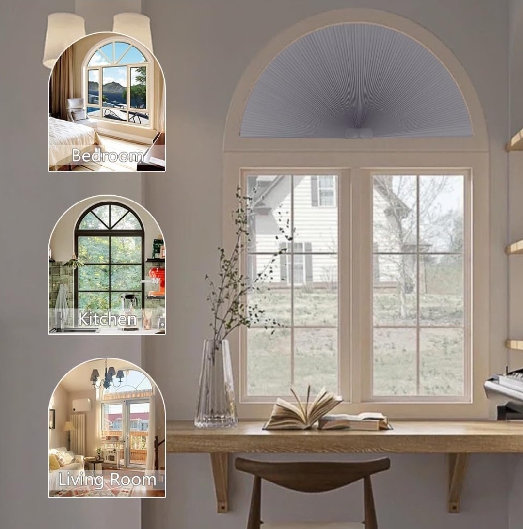 SEEYE Arch Window Blackout Shades Pleated Fabric 36” Half Moon Dark Gray-White