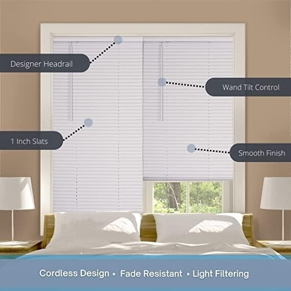 LOTUS & WINDOWARE Cordless 1″ Vinyl Mini Blind 24″ Wide x 64″ Long, White Blanco