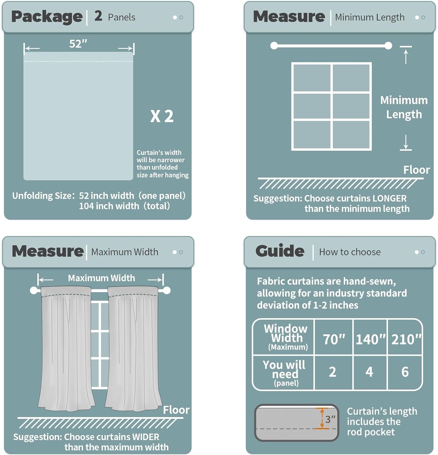 Bedroom Blackout Curtains 52×84″ 2 Panels, Noise Reducing, Thermal Insulation