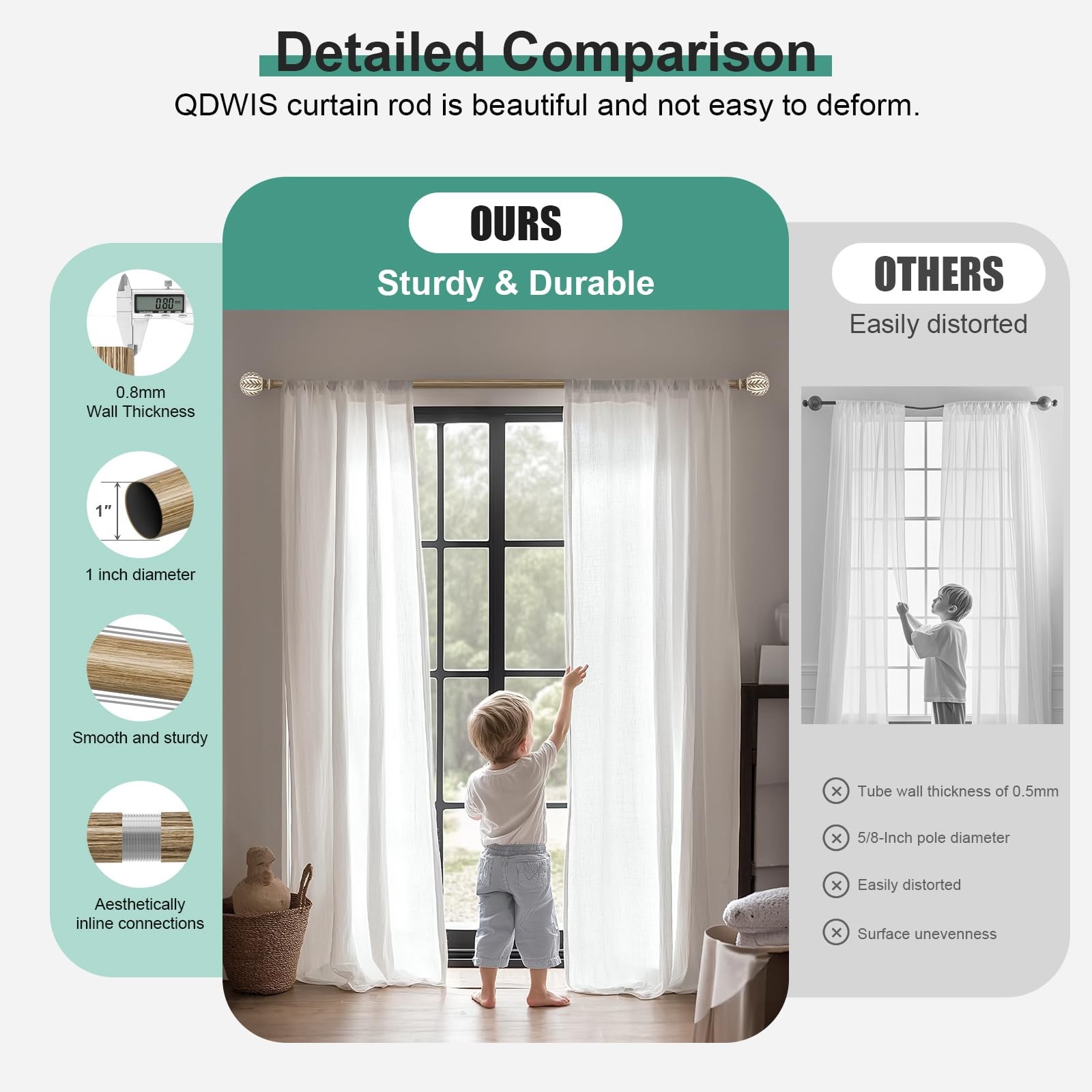 Boho Wood Curtain Rods for Windows 48 to 84 inch,1″ Adjustable Heavy Duty Win…