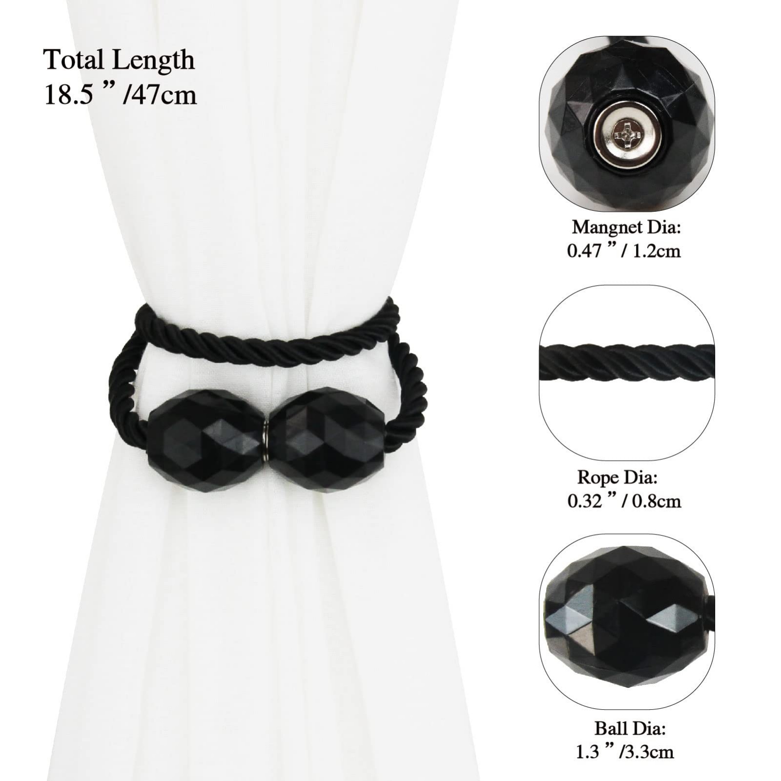 Magnetic Curtain Tiebacks 4 Pack – Black Decorative Holdbacks for Drapes & Outdo