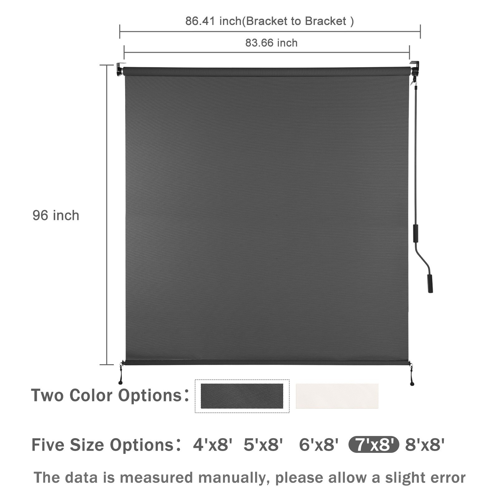 7ft (W) x 8ft (H) Outdoor Roller Shades 5% Openness Cordless Sun Roll up Shade