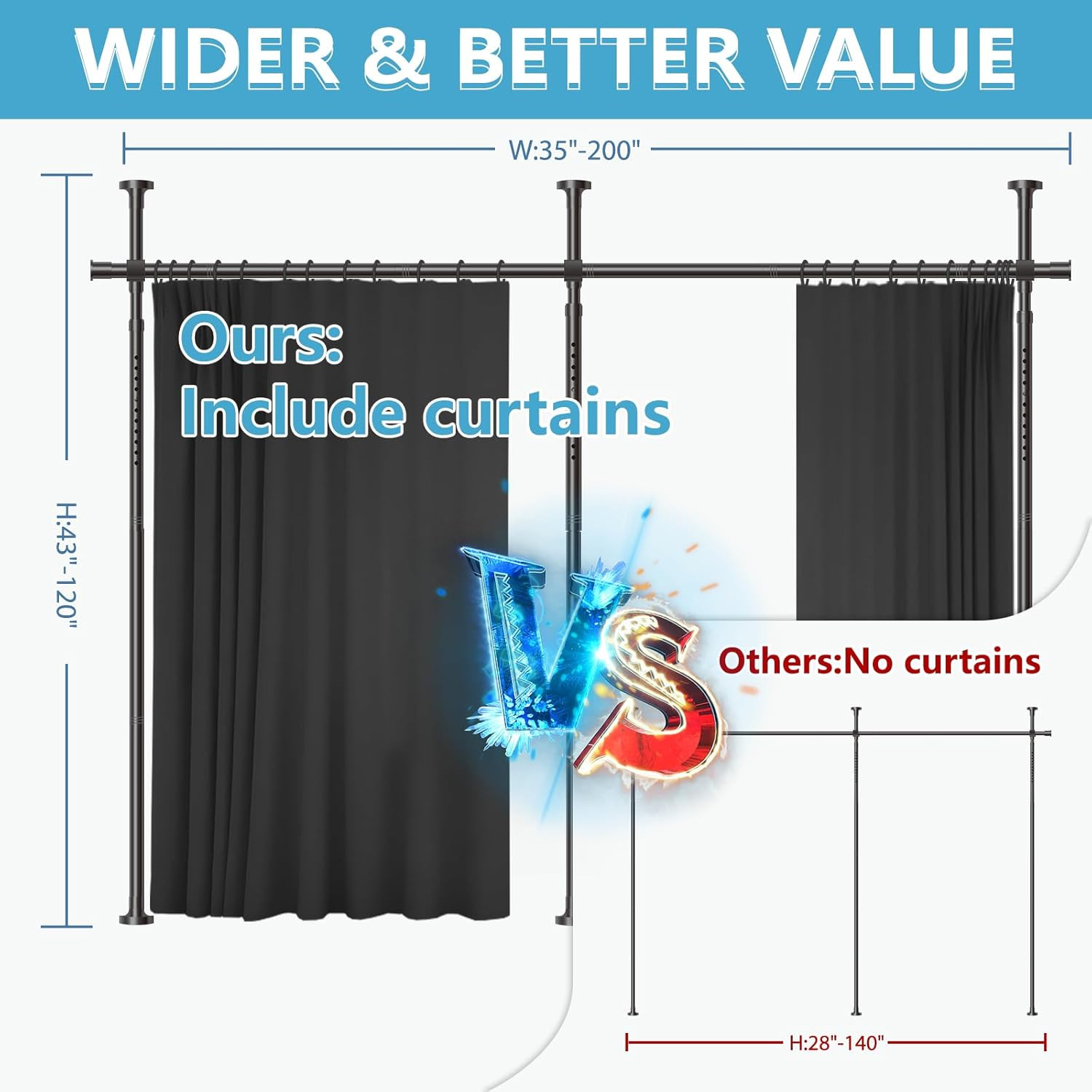 No-Drill Room Divider Curtains Set with Adjustable Pole Brackets – Black 106″x84