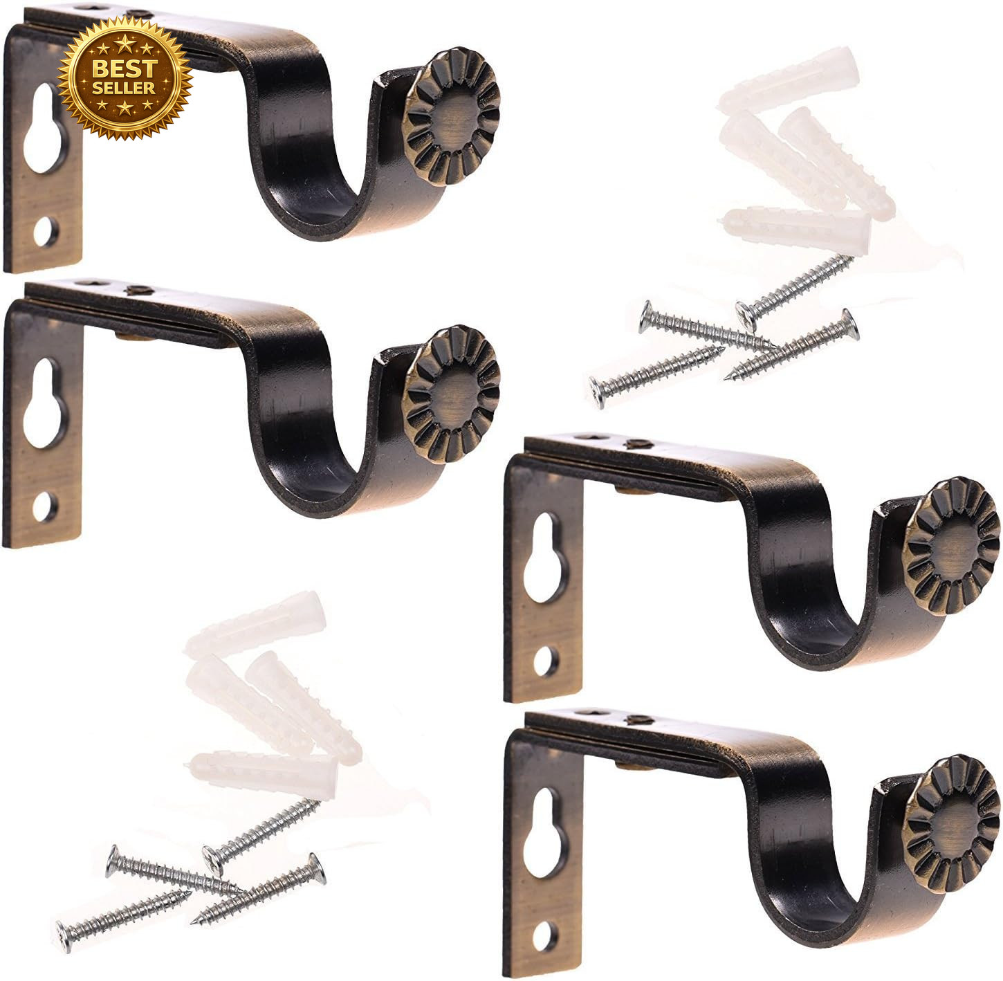 Adjustable Curtain Rod Brackets Set of 4 Bronze Heavy Duty Steel Wall Mount Drap