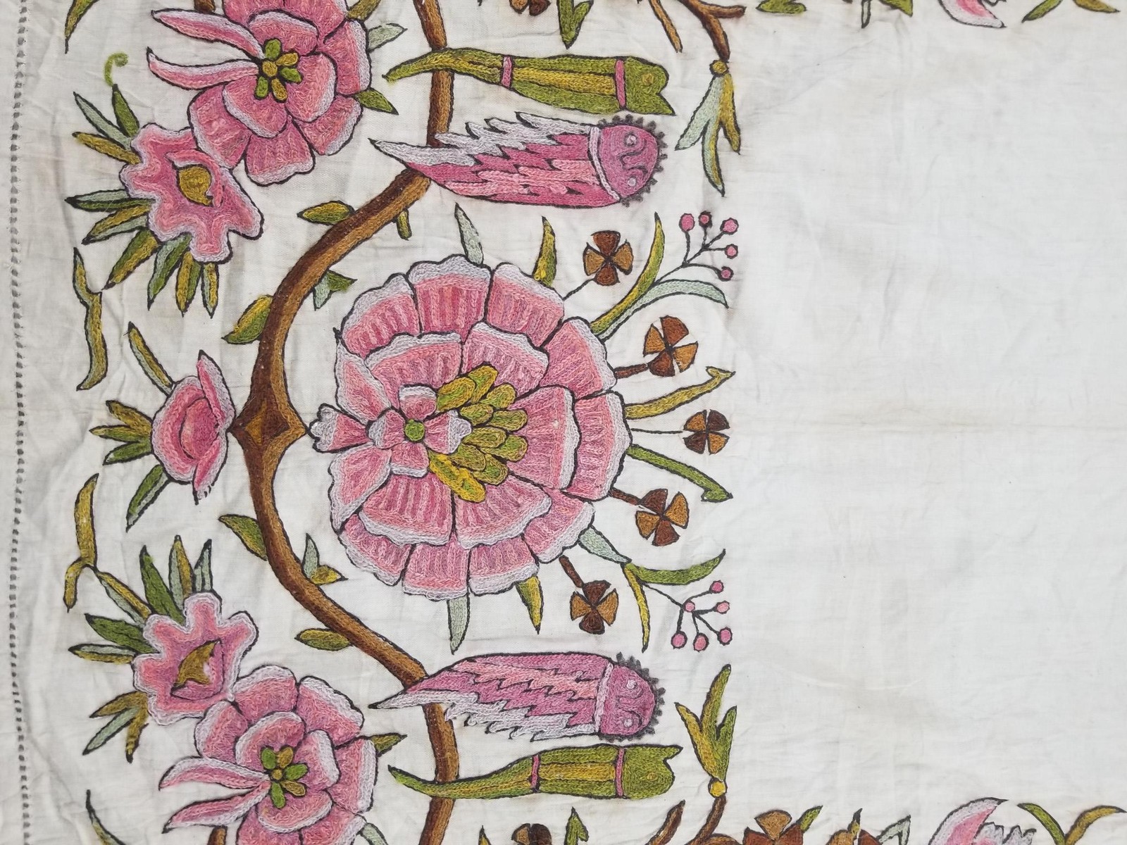 Antique Central Asian Uzbek Hand Embroidered Floral & Bird Curtain Panel 82x44in