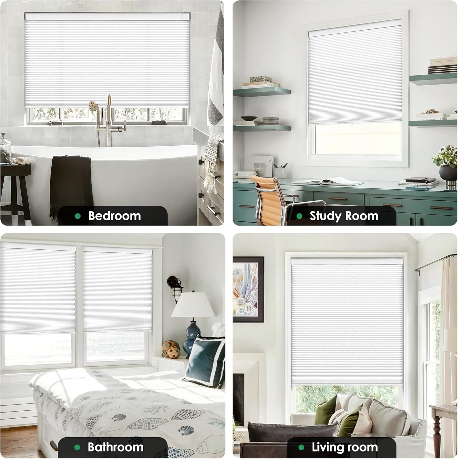 White No-Drill Cordless Cellular Honeycomb Shade Thermal Insulating 37”W X 48”H