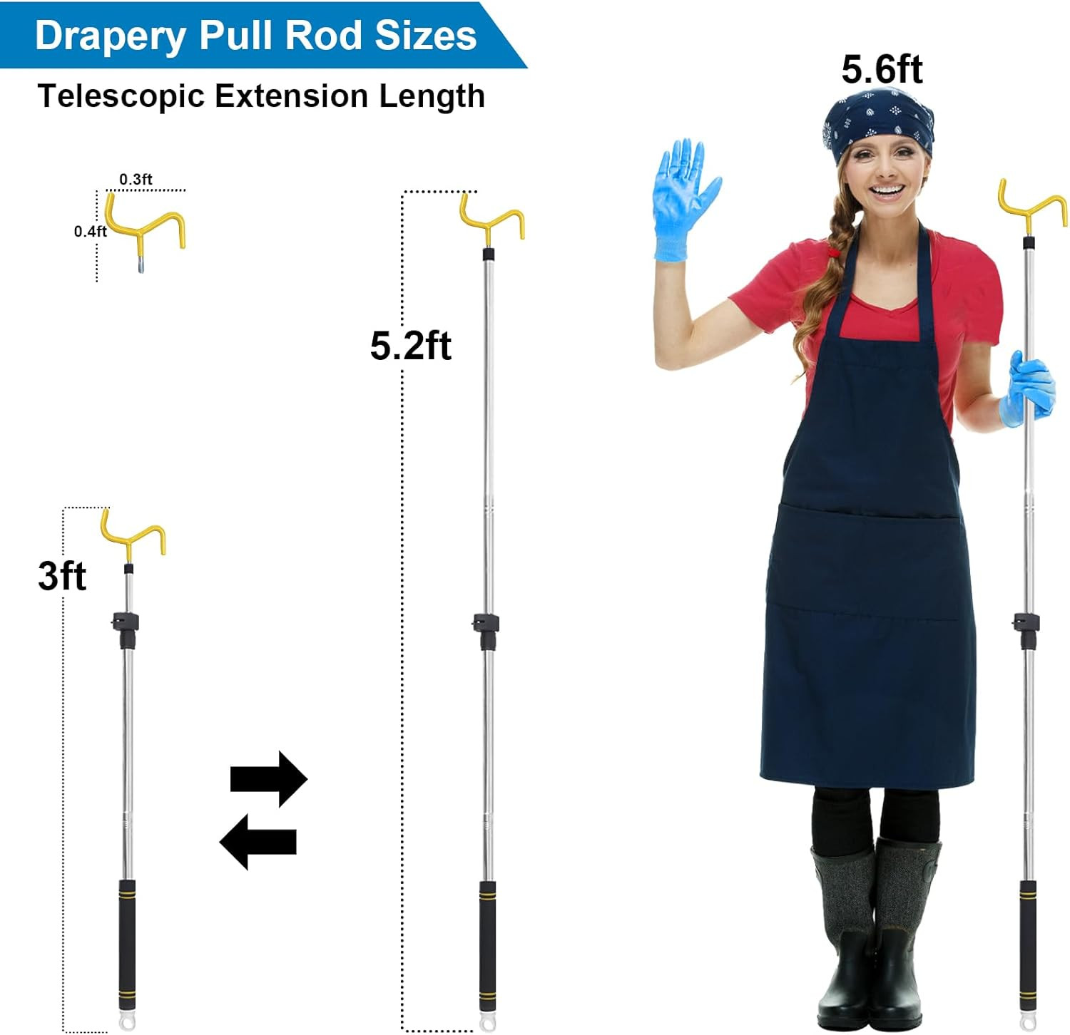 Drapery Pull Rod, Curtain Pull Rod for Curtains Drapes Telescopic Adjustable 36″