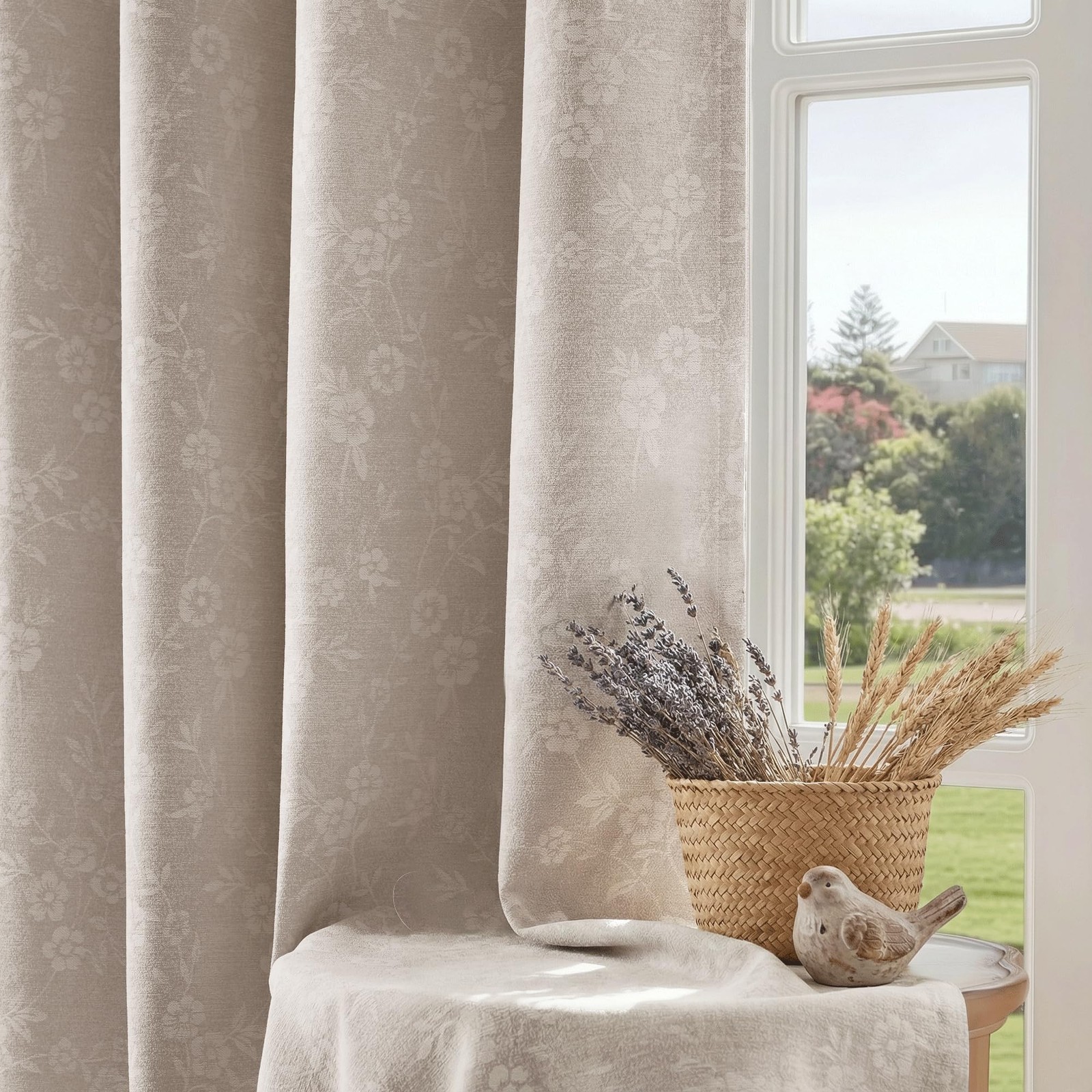 Beige Floral Jacquard Blackout Curtains 84 Inches Long 2 Panels for Living Ro…