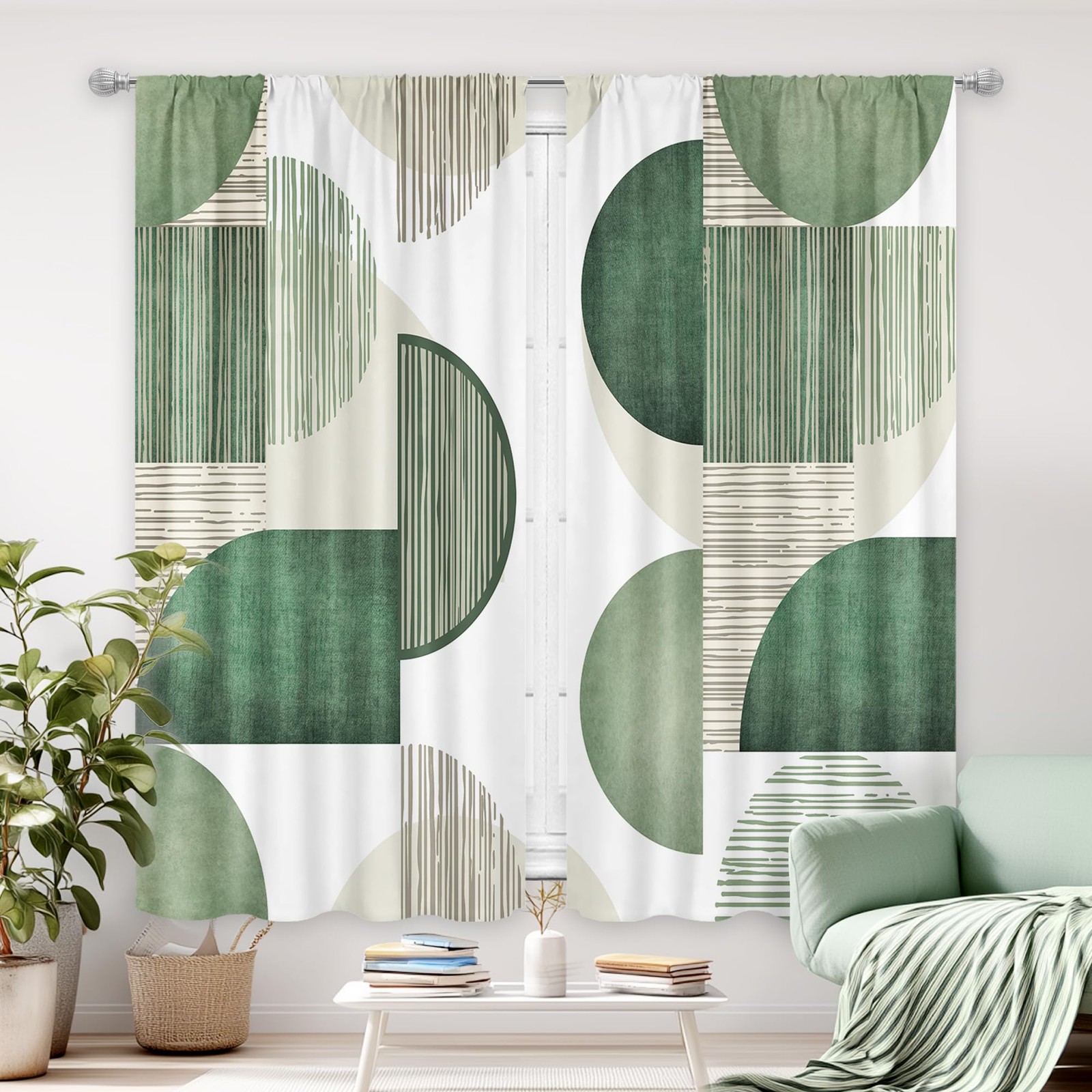 Abstract Geometric Green Curtains 42Wx63H Inch Rod Pocket Modern Minimalist S…