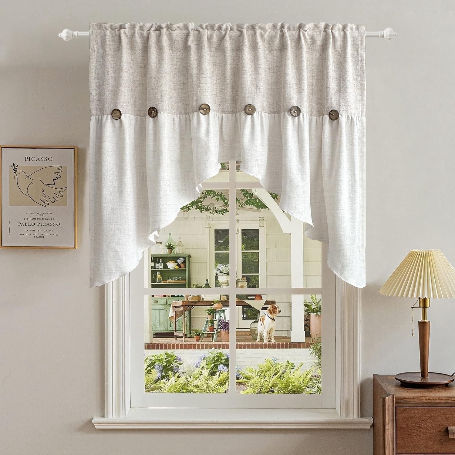 Beige Linen Curtain Swag for Living Room Button Kitchen Curtain Farmhouse Val…