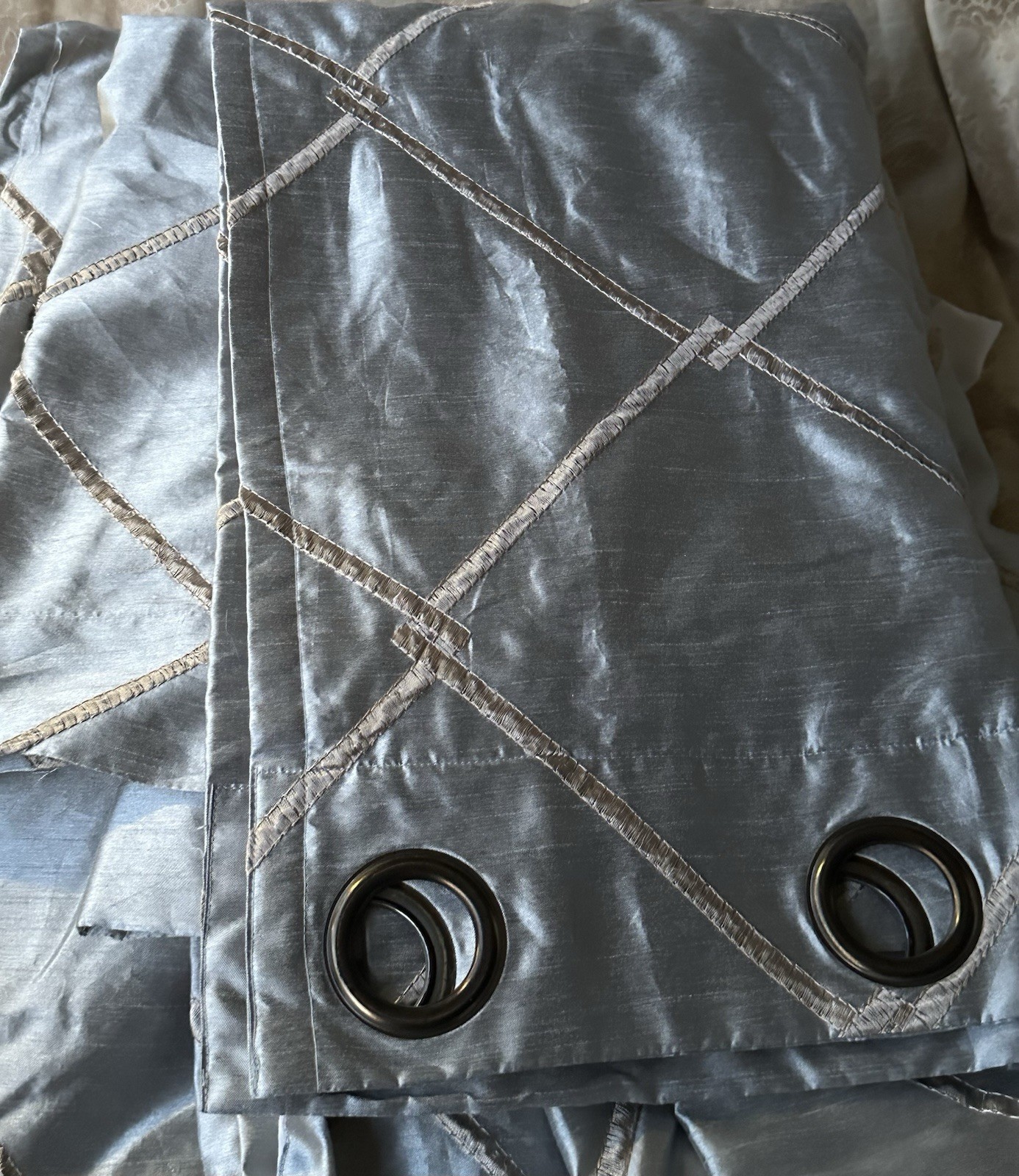 Set 2 Bombay Curtains 52 X 95” Faux Silk Embroidered Lined Grommets Blue