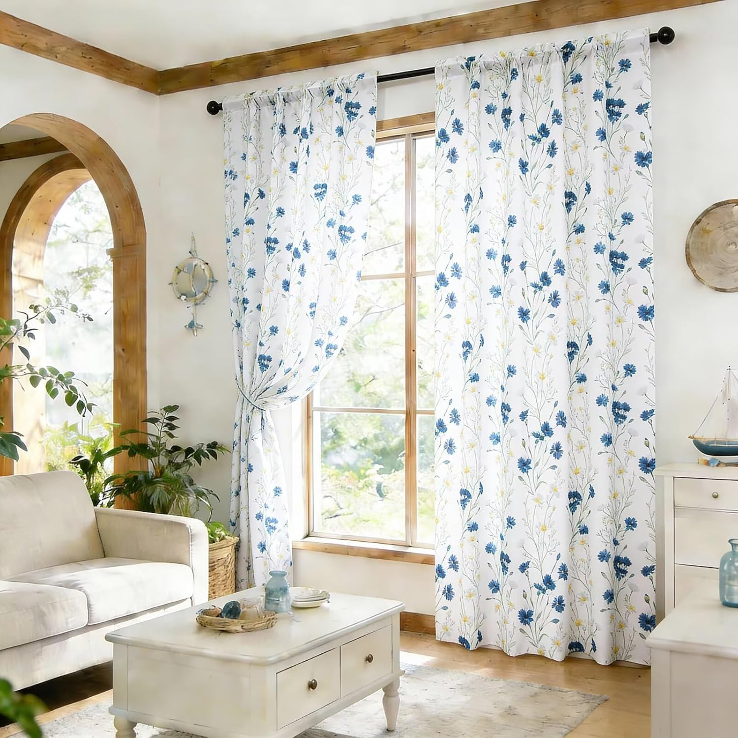 Blue White Floral Curtains 63 Inch 2 Panels Rod Pocket Light Filtering Drapes