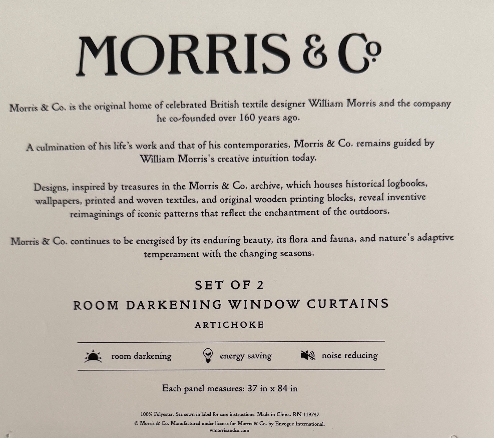 New Morris & C Window Curtains 2 Panels Darkening 37 x 84 Artichoke Sage Green