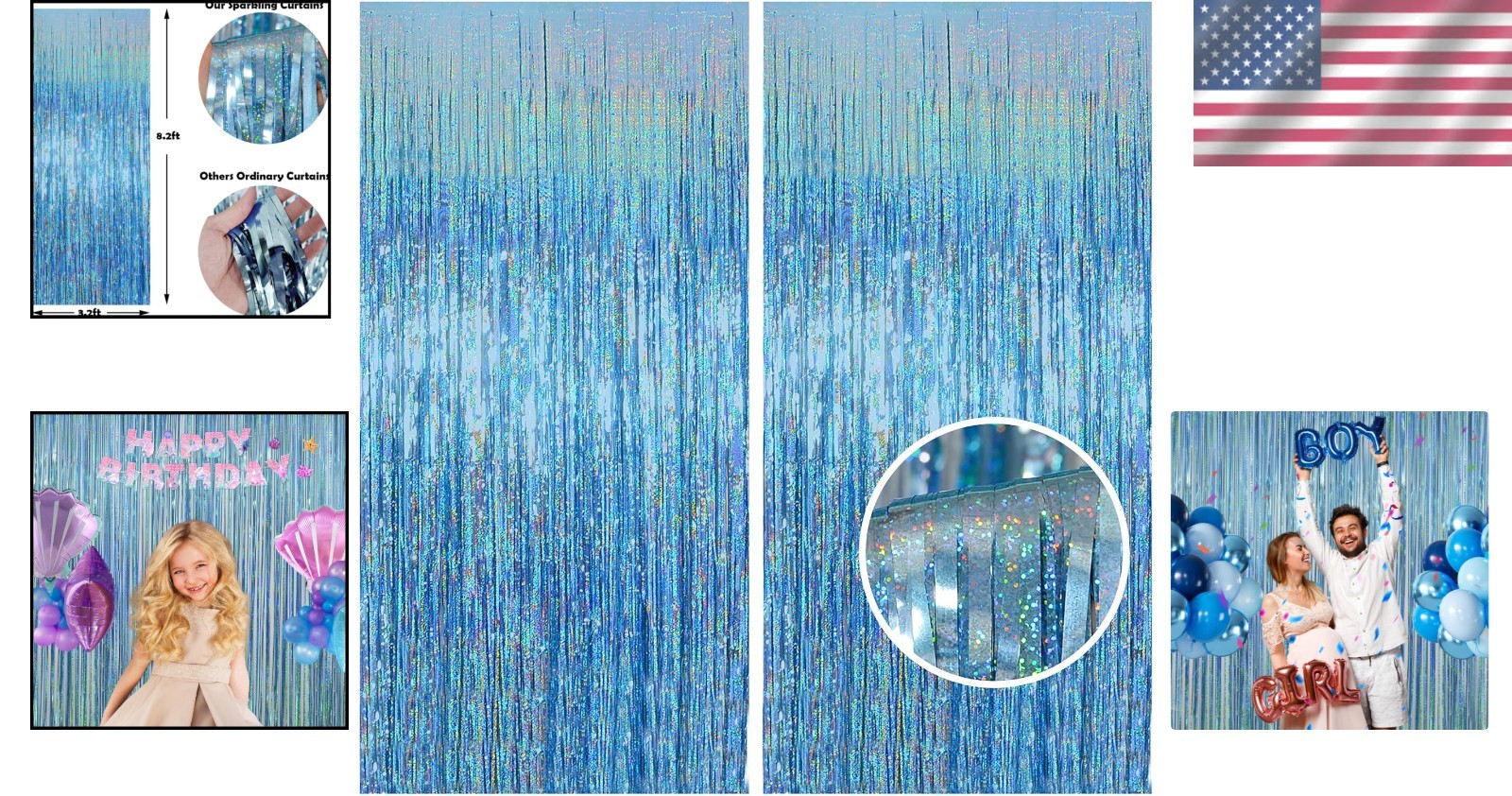Easy Set Up 2 Pack of Light Blue Tinsel Curtains – Ideal for Parties and Showers