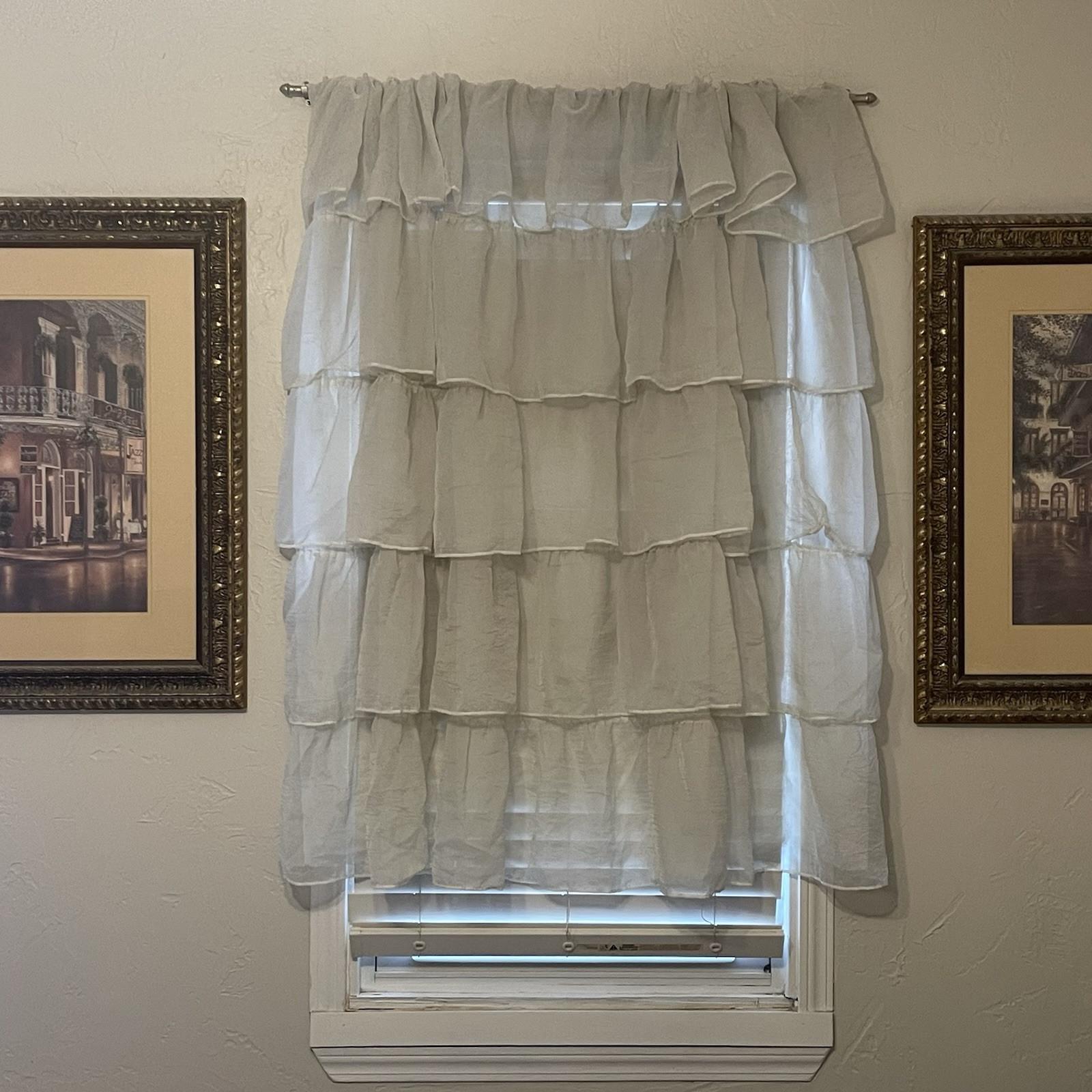 Vtg Curtains Ruffle Tier Sheer Panel Short 50” Long 65” Wide Ivory Buttonhole