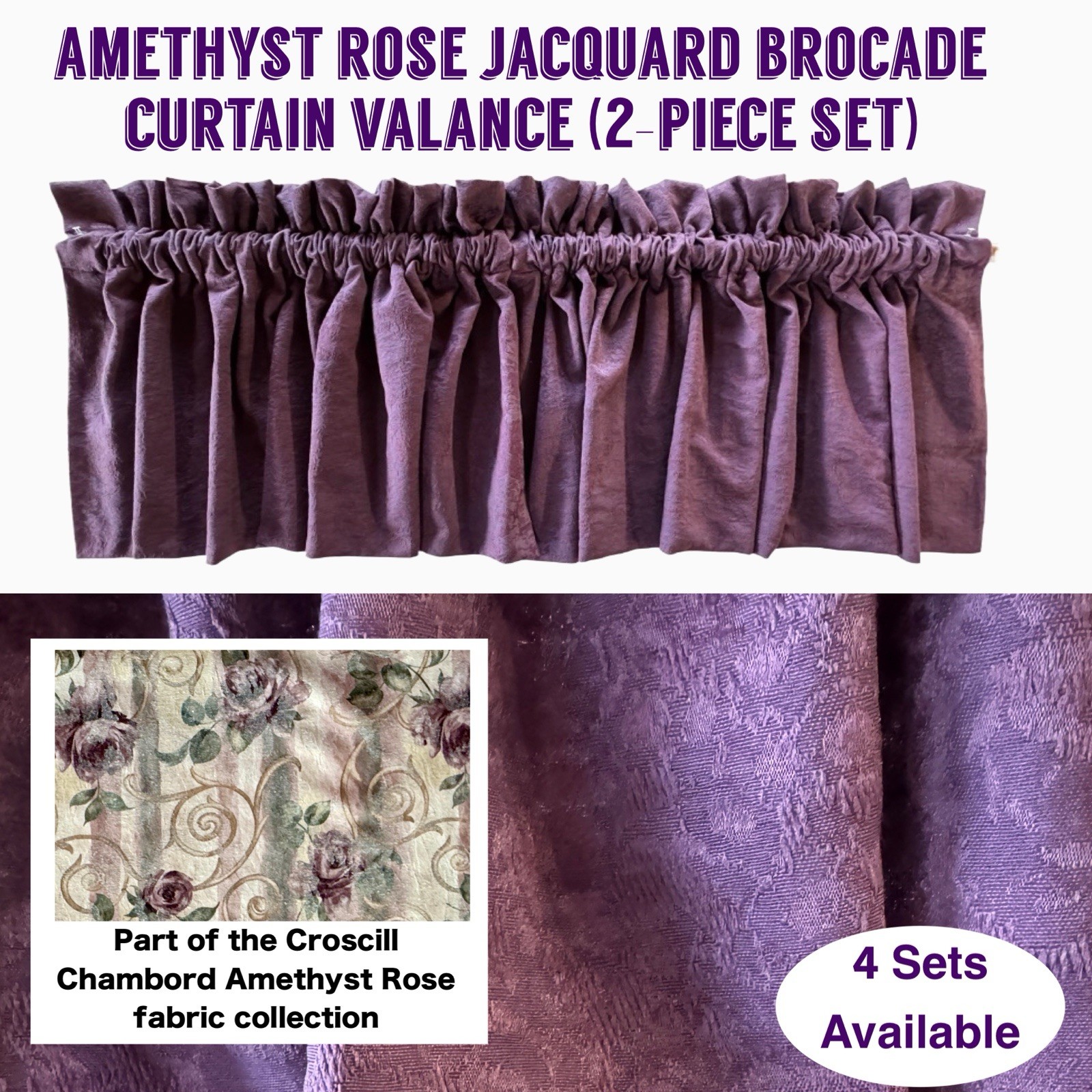 Amethyst Rose Jacquard Brocade Croscill Fabric Curtain Valance (2-pc 53”x22” ea)