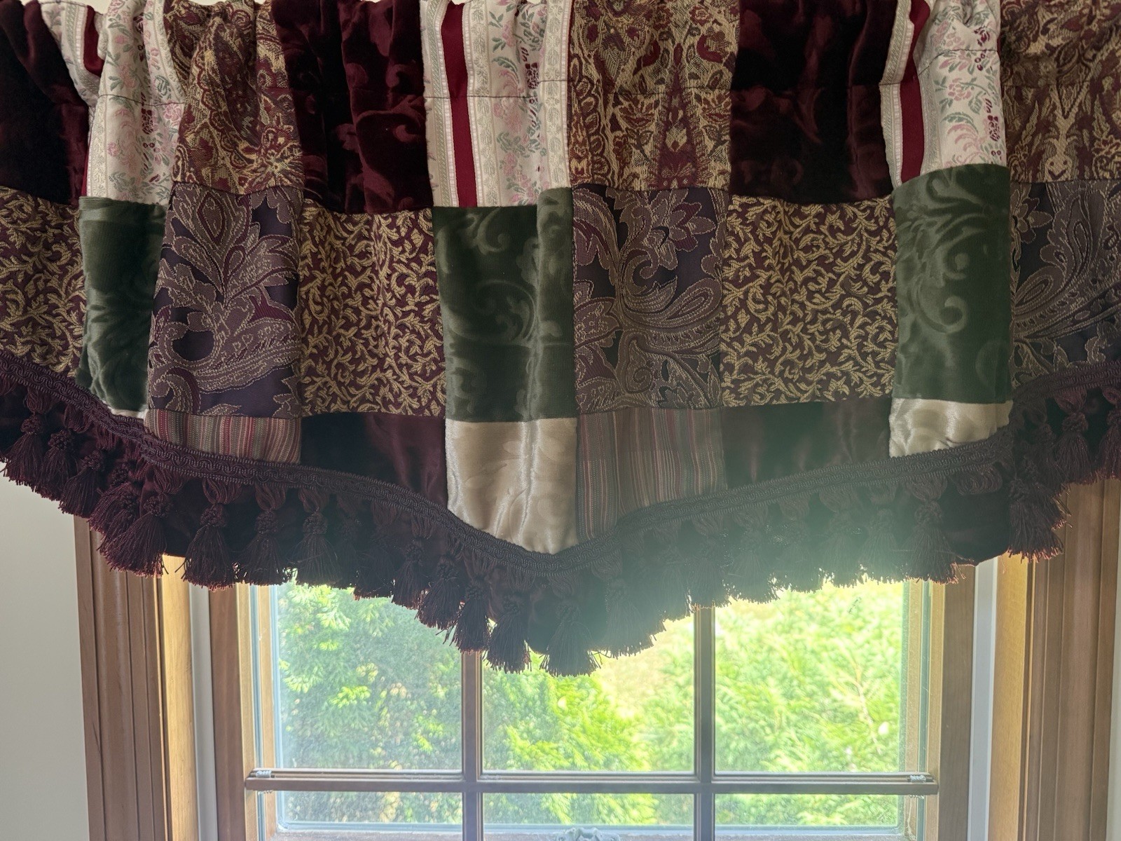 2 Scallop Patchwork Valances Burgundy Green Gold Velvet Tapestry Jarquard 54X18