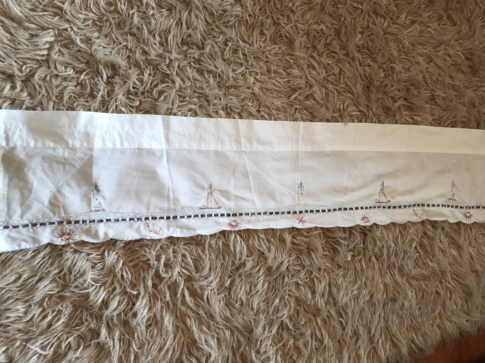 Lighthouse Nautical Valance white /blue embroidered 12”x 58” Seashore Scallop
