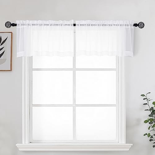 Sheer Curtains for Kitchen Valance Set of 2, 42″W x 14″L (Pack of 2) White