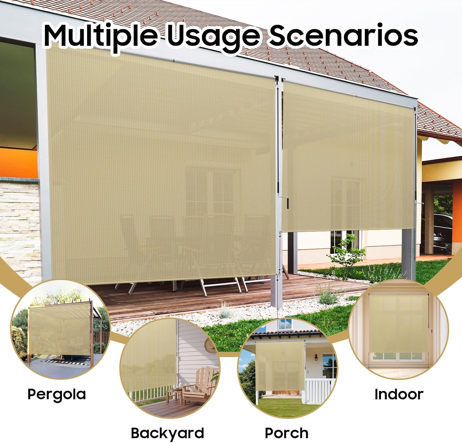 60″ W x 96″ L Roll Up Blinds – Patio Shades with Windproof Bungee tie, 90% UV