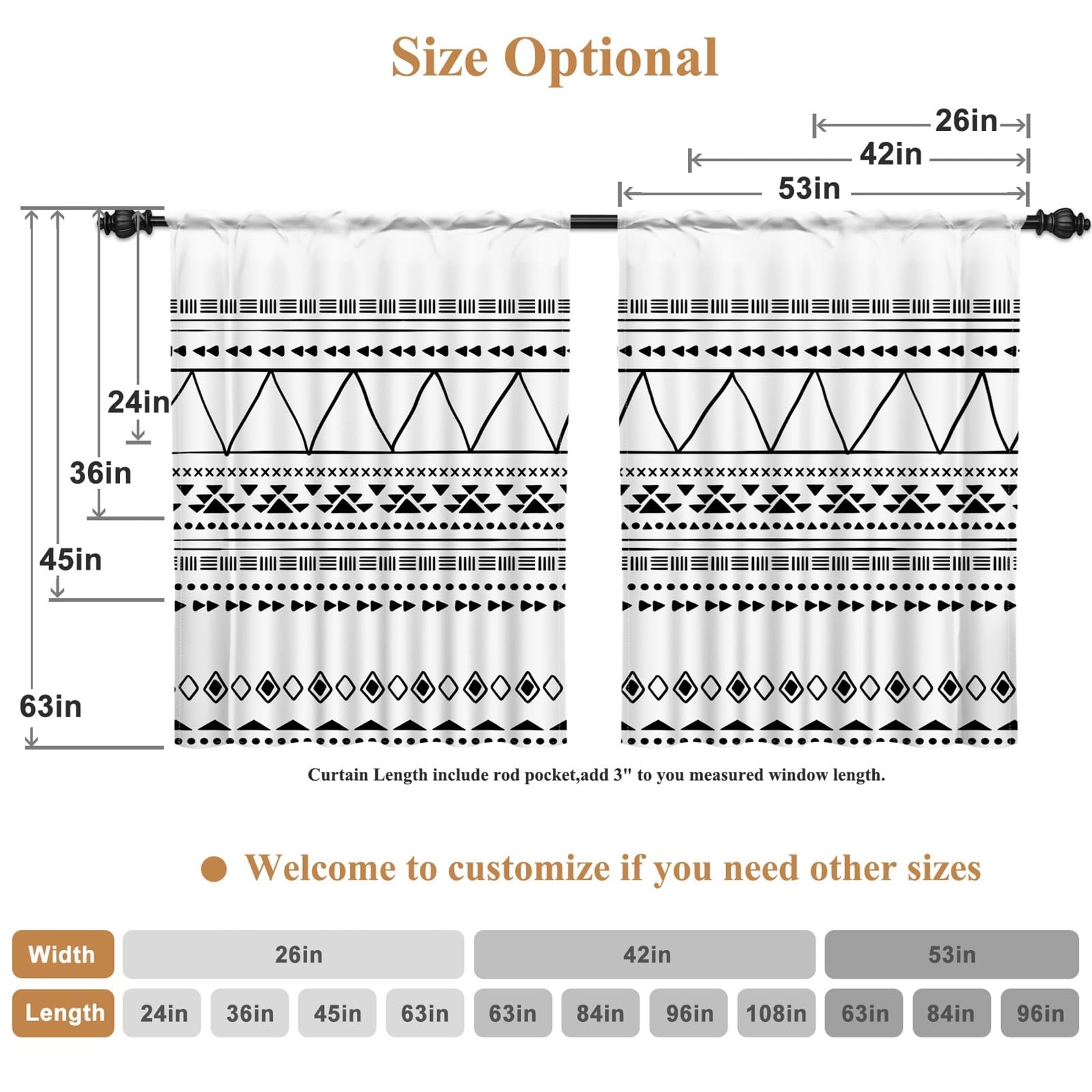 26 x 45 Inch Boho Kitchen Curtains Tier Rod Pocket Linen Fabric Bohemian Geom…