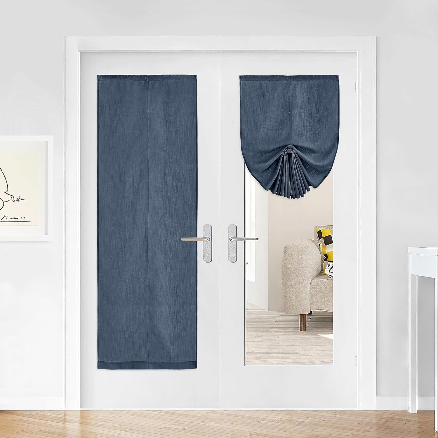 Pull up Window Shades for Living Room, Flax Linen Sticky Door Curtains for Frenc