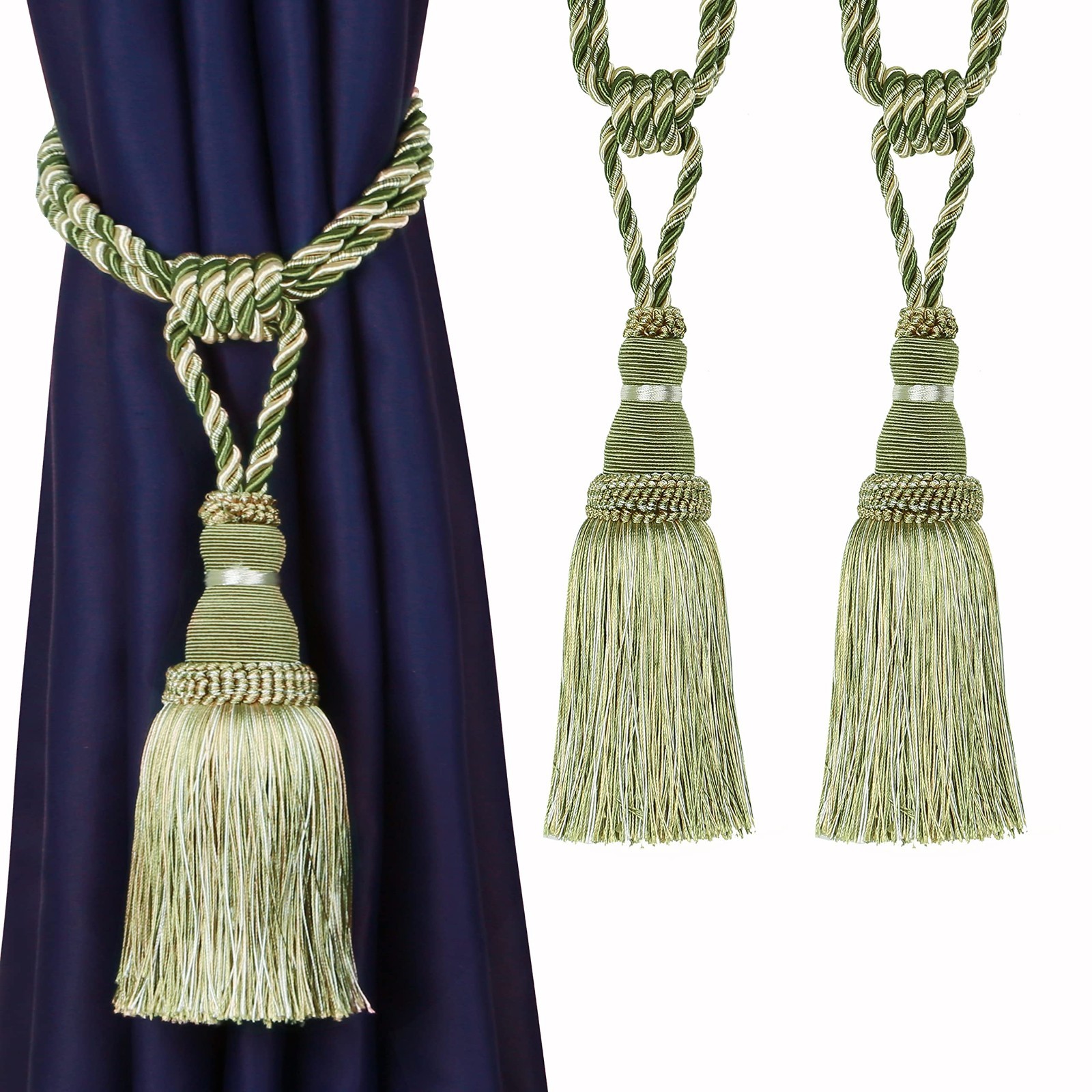 2 Pack Handmade Tassel Curtain Tiebacks – Decorative Rope Drapery Holdbacks (Gre