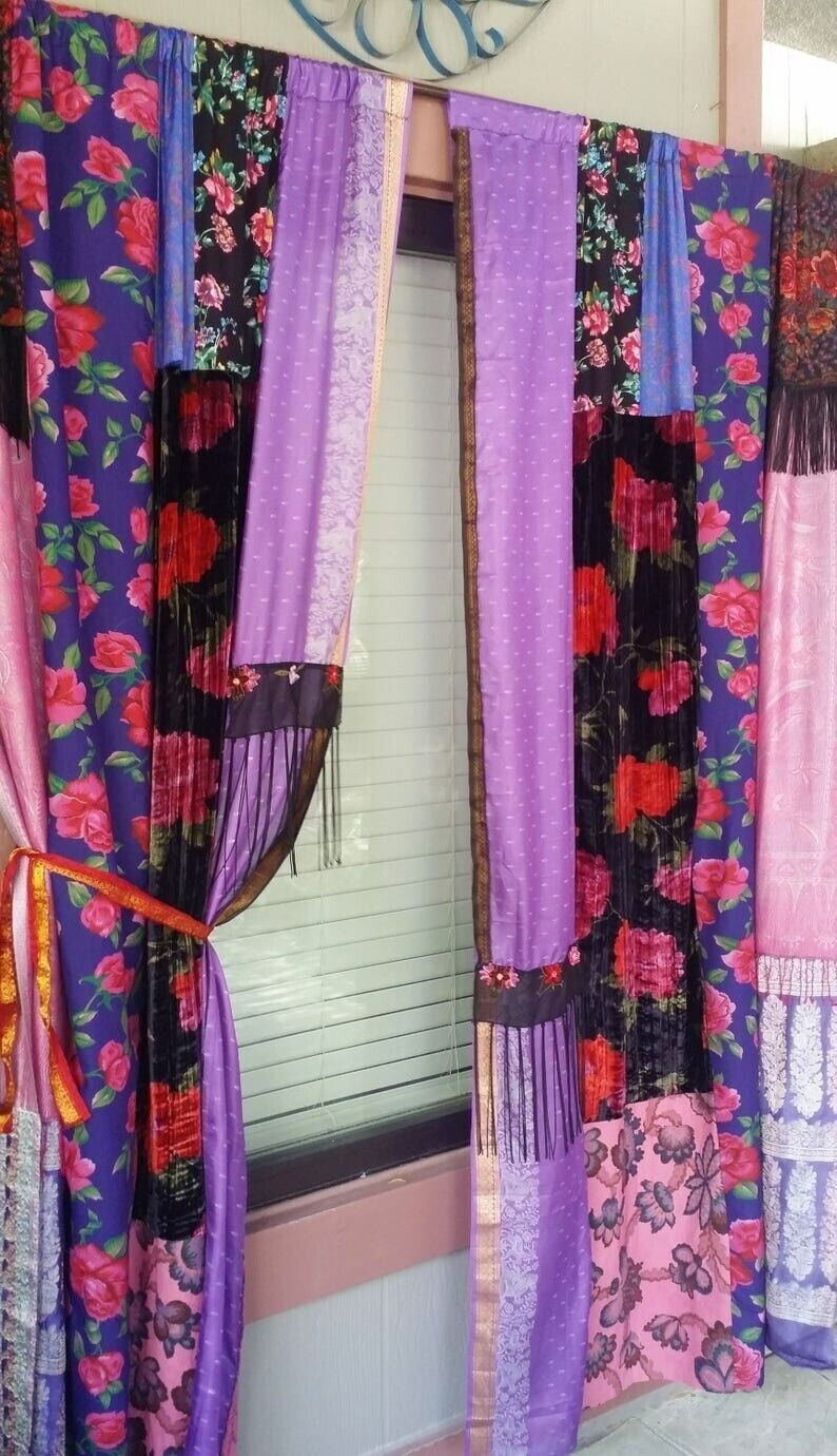 2 Pcs Indian Sari Patchwork Curtain Drape Window Decor Multi Silk Sari Curtain