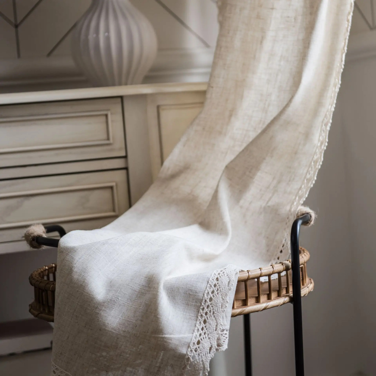 Linen Semi Blackout Curtain 1 Panel Handmade Cotton Burlap Stitching Lace Tassel