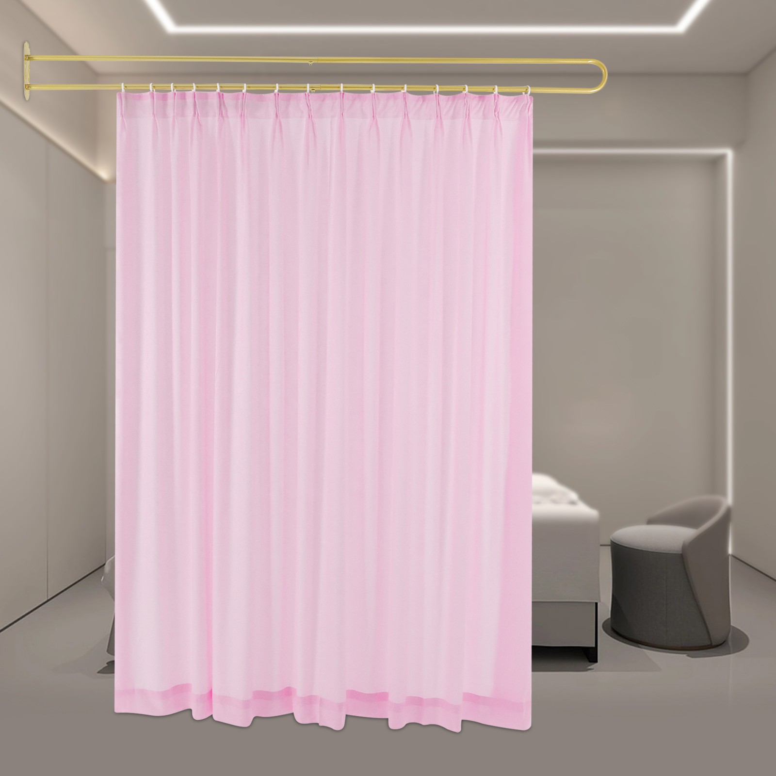 Privacy Partition Curtain Metal Support Wall Mounted U-Shape Room Divider 2M