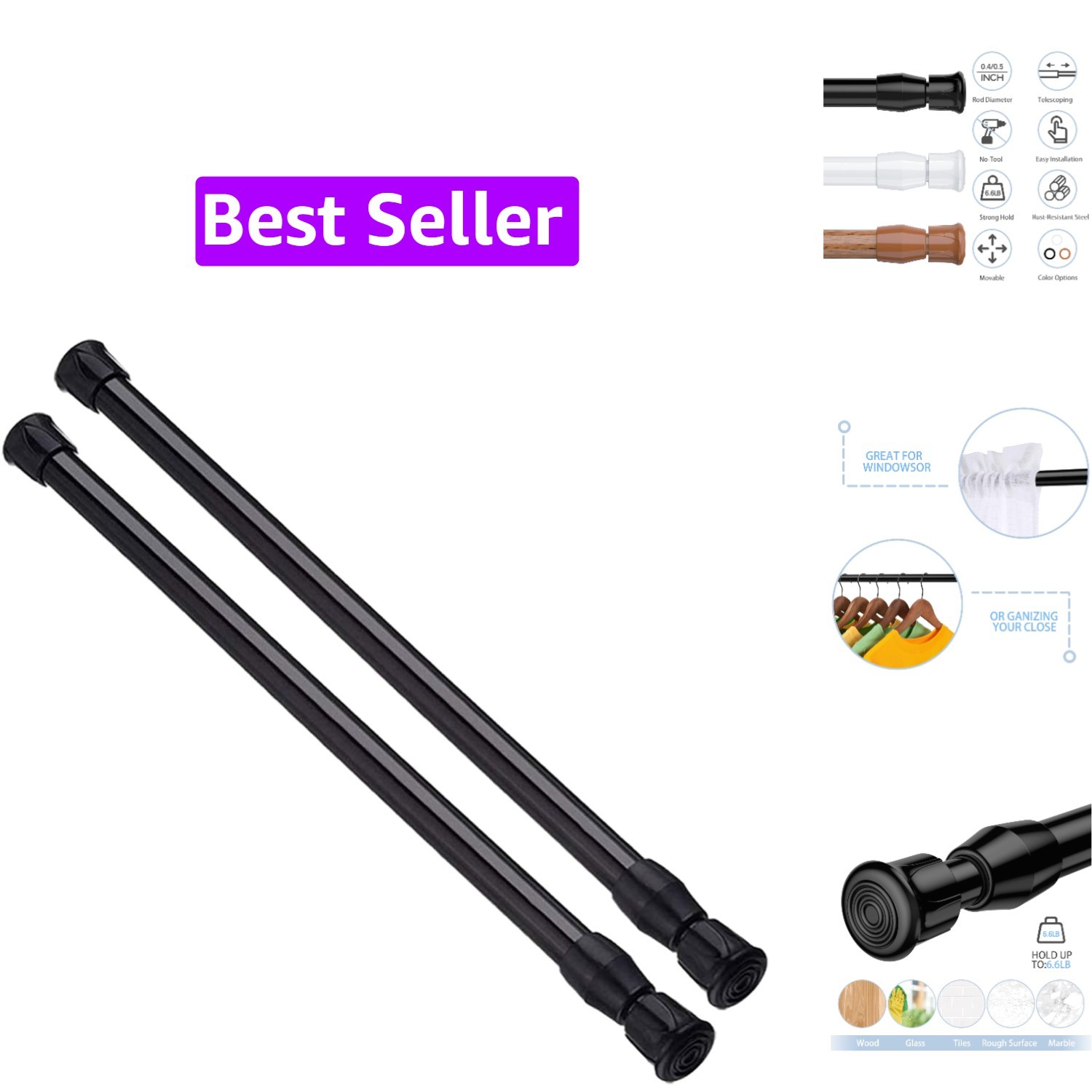 Spring Tension Curtain Rods Short Tension Rod Black,17″ to 28″-2Pc | Adjustab…