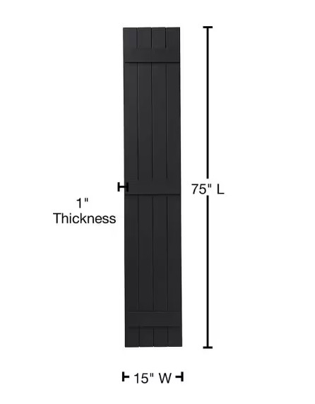 Black 15×75 in. Polypropylene 4-Board Close15d Board and Batten Shutters, Pair