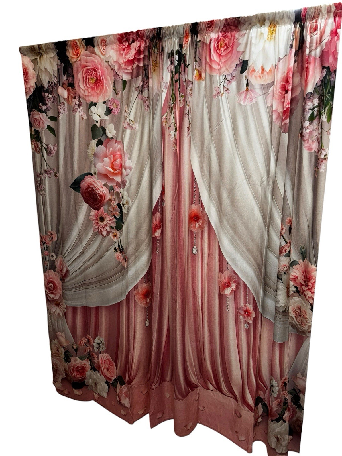 2 Pink White Floral Window Curtain Panels 81×49 Rose Garden Rod Pocket