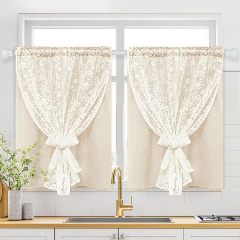 Double Layered Lace Linen Kitchen Curtains Light Filtering Window Treatment Set