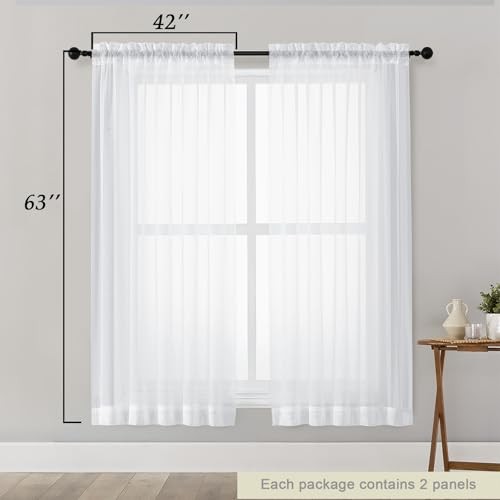 Sheer Curtains 63 Inch Length 2 Panels Set for 42″W x 63″L (Pack of 2) White
