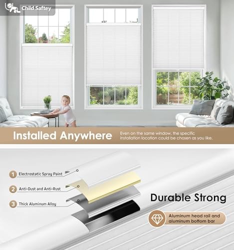 No Tools No Drill Cordless Cellular 22″ W x 36″ H Light Filtering-white
